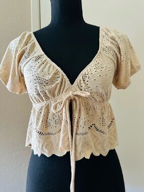 URBAN Romantics Beige Eyelet Tie-Front Crop Top